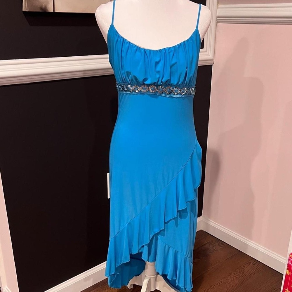 Y2K Turquoise Baby doll Sequin Trim Asymmetrical Midi Dress Medium